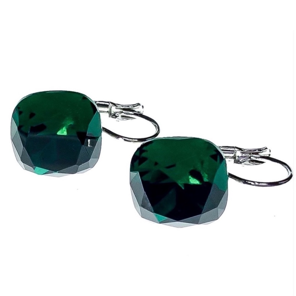 Green Austrian Crystal Lever Back Earrings - Picture 6 of 8